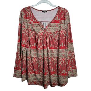a.Jesdani Plus Size 2X Red Paisley V-Neck Long Sleeve Tunic Blouse Pleated Front